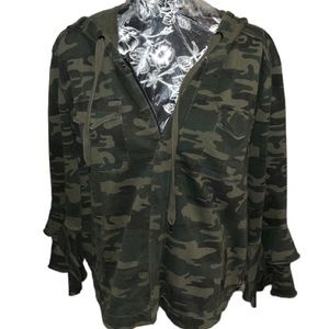 Sanctuary size medium Camouflage zip front hoodie with ruffle 3/4 sleeves